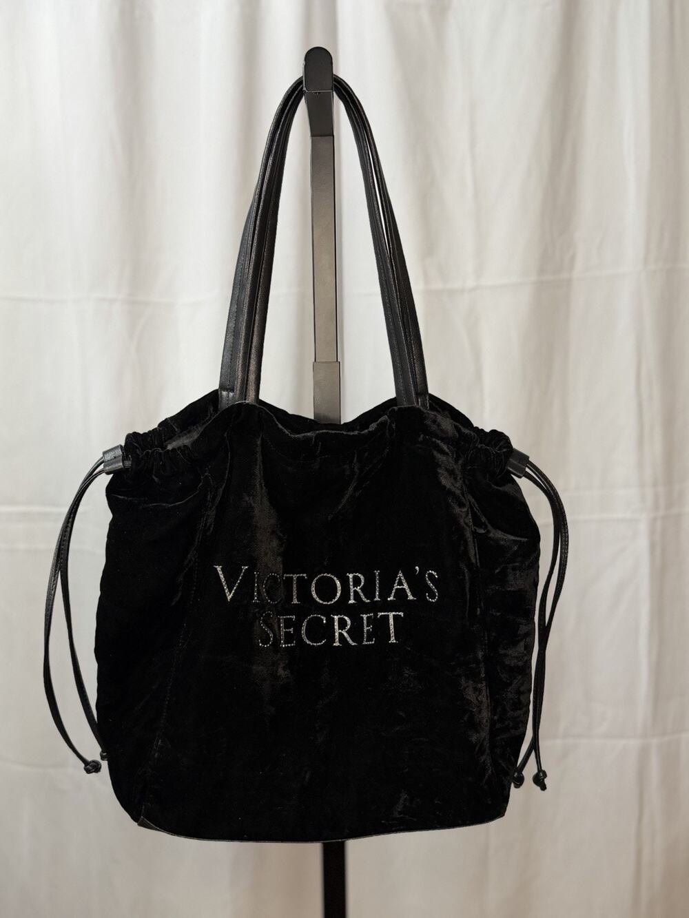 Victoria’s Secret Black Velvet Tote Bag Handbag Purse Bling Rhinestone Logo